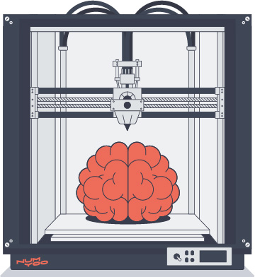 Élément graphique illustrant une imprimante 3D créant un cerveau pour symboliser les nombreuses expertises de l'agence