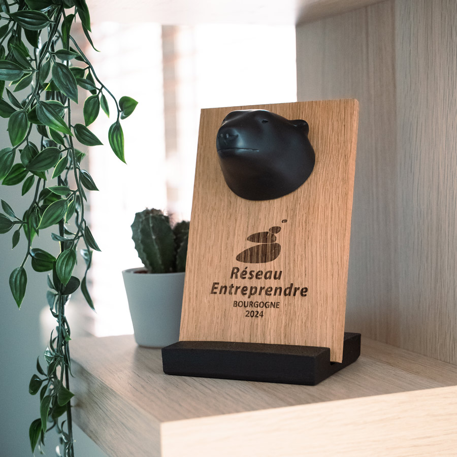 Focus sur le trophée du Réseau Entreprendre Bourgogne 2024 disposé sur une étagère de l'agence